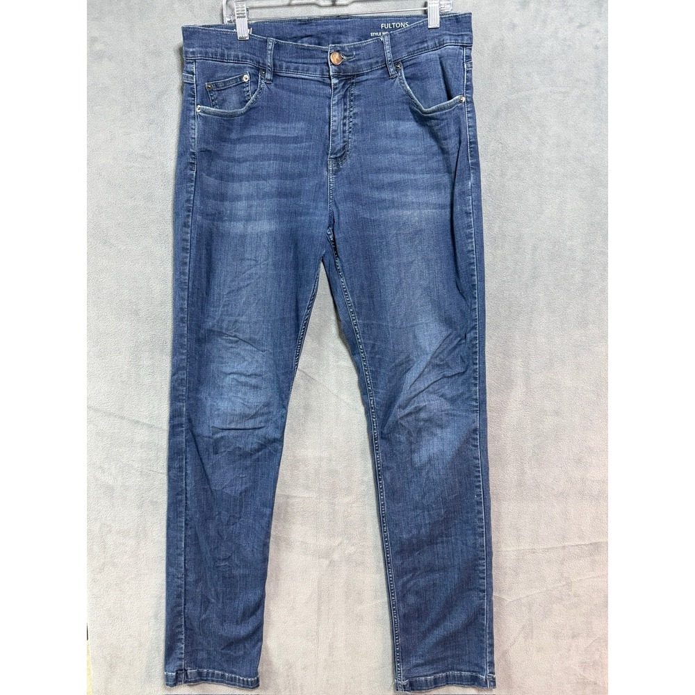 Mugsy FULTONS Straight Fit Stretch Blue Jeans Mens 35X34 Cotton Dark Wash Denim